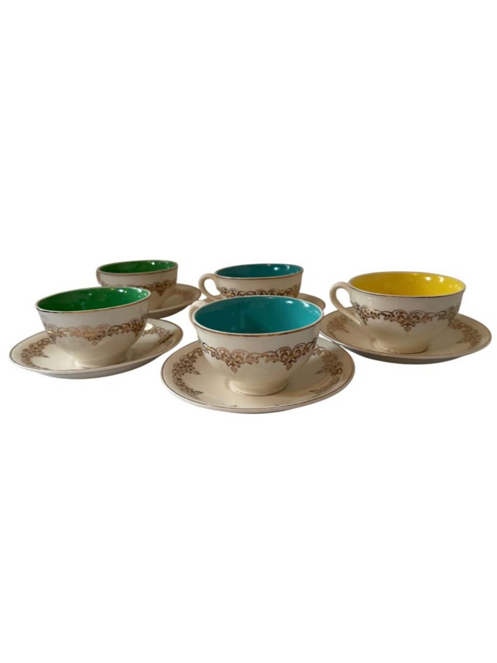 Vintage Grindley England 5 Cup Saucer Sets Jewel Tone Interiors Gold Scroll MCM